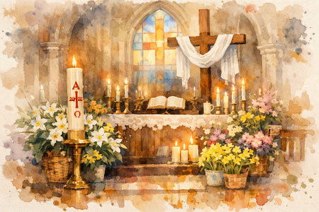 Easter watercolor painting depicting a church altar with candles, flowers, and a wooden cross for...