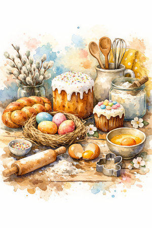 Easter watercolor cooking scene with cake, eggs in nest and baking ingredients. Festive preparation...