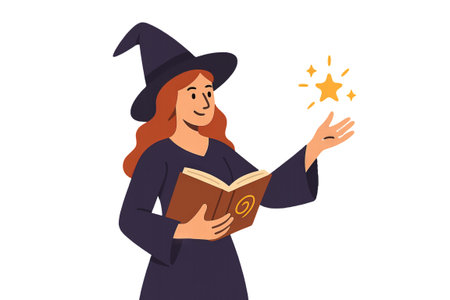 Png witch with spellbook and magic star isolated on transparent background. concept of halloween sorcery, magical character, enchanting fantasy illustration for design.の写真素材