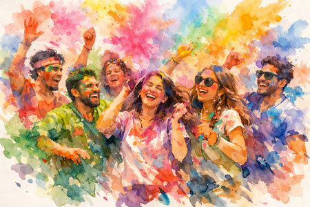Group of happy young men and women celebrating Holi with colorful powder. Festival of Colors...