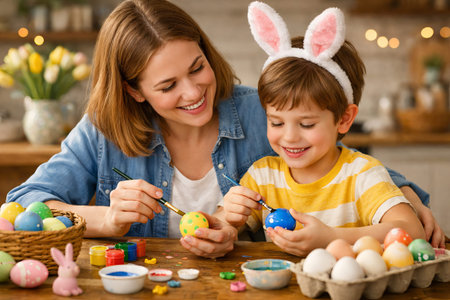Mother and son painting easter eggs with bunny ears headband in kitchen. concept of family bonding,...