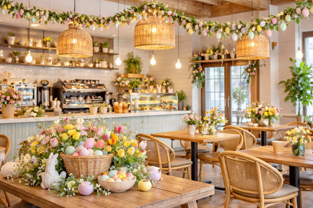 Cozy cafe decorated with easter eggs and spring flowers creating a festive holiday atmosphere....