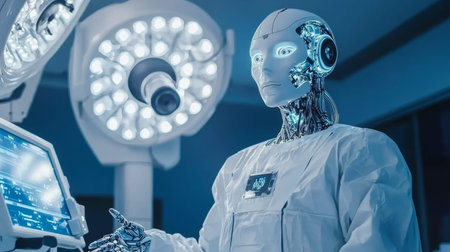 Futuristic humanoid robot conducting advanced diagnostics in a high-tech laboratory setting. concept...