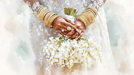 Watercolor illustration of bride holding wedding bouquet and jewelry details. concept of elegant bridal fashion, exquisite accessories, wedding day aesthetic.の写真素材