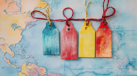 Colorful luggage tags hanging on world map background watercolor illustration. concept of travel accessories, artistic design, vacation planning.の写真素材
