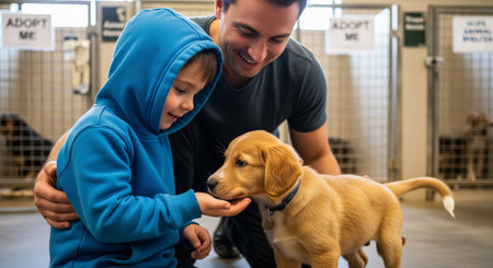 Young caucasian father and son meeting a puppy at a pet adoption event in an animal shelter. concept of family bonding, pet adoption, animal companionship..の写真素材