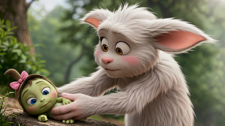 Furry 3D cartoon creature helping a small green child stand up on textured ground in a whimsical...