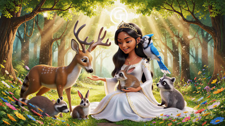 3D cartoon animation of a smiling girl princess interacting with animals - deer, rabbits, raccoons,...