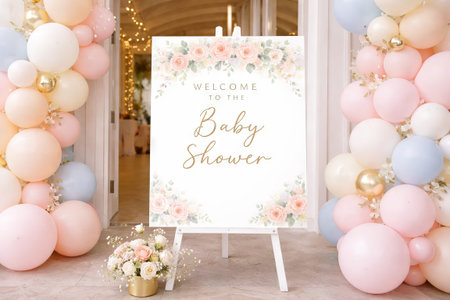 Elegant baby shower welcome sign with floral accents and pastel balloons in light-filled venue. concept of celebratory event, festive decor, special occasion, floral decoration..の写真素材