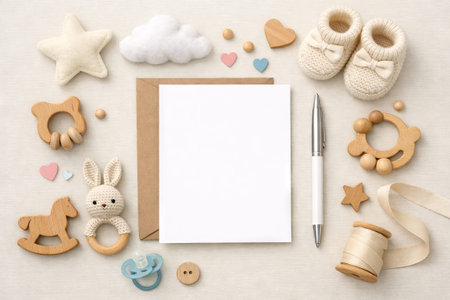Baby shower blank greeting card with knitted baby booties, wooden toys, and blank card for message. concept of new parent celebration, cute baby gifts, newborn decor..の写真素材