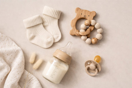 Baby shower essentials including bottle pacifier socks and rattle set on soft beige background....