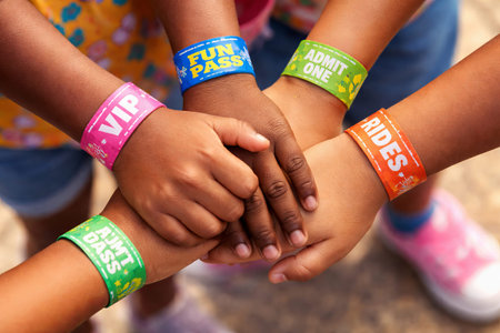 Diverse group of children joining hands with colorful wristbands at amusement park entrance. concept...