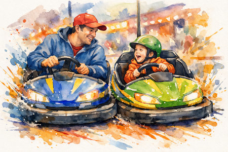 Father and son enjoying bumper cars at amusement park in watercolor illustration. concept of family fun, father-son bonding, playful activities.