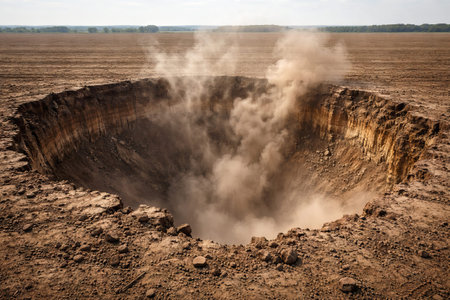 Massive sinkhole in arid landscape with dust clouds rising from depths, capturing natural phenomenon...
