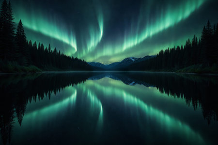 Aurora borealis over tranquil lake with reflections of northern lights in nighttime sky, concept of...