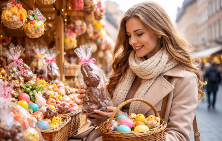 Smiling caucasian woman holding chocolate bunny and basket of colorful easter eggs at outdoor...