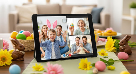 Family easter celebration with video call, easter eggs, bunny ears, and spring decor on tablet....