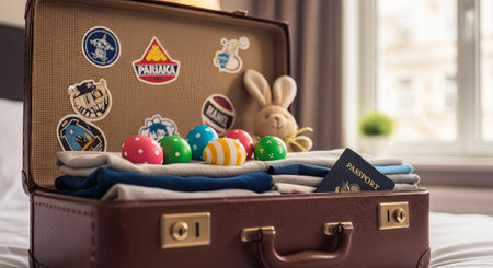 Open suitcase on bed filled with colorful easter eggs, a cute bunny toy, clothes, and travel...