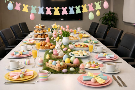 Easter-themed dining table setting with colorful eggs, festive decor, and a bunny centerpiece for a...