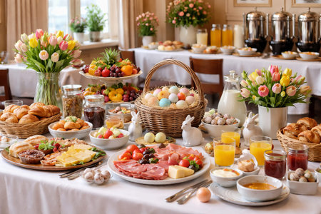 Elegant easter breakfast buffet with colorful eggs, fresh flowers, and delicious foods in charming...