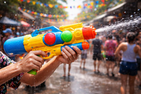 Person hand holding colorful water gun shooting water during Songkran festival. Summer fun...