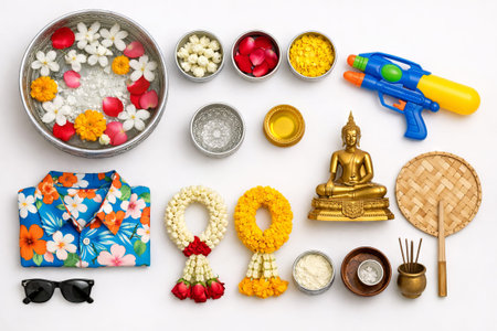 Songkran items on white background celebration. Traditional new year festival concept. Thai culture...