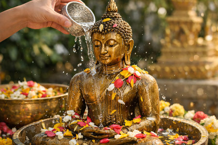 Hand pouring water over Buddha statue during Songkran. Thai New Year ritual with flower petals for...