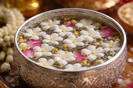 White flowers and pink petals floating in bowl for Songkran festival. Traditional water purification...