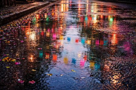 Colorful lights reflection on wet street. Abstract blurred background for holiday celebration and...