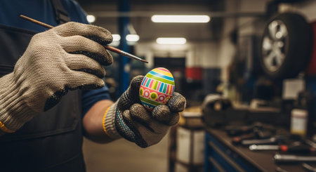 Mechanic in workshop painting vibrant easter egg with intricate patterns. concept of creative...