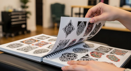 Tattoo design book with intricate floral and geometric patterns in a tattoo studio. concept of body...