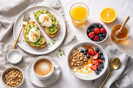 Healthy breakfast flat lay with avocado toast and poached egg, yogurt bowl with granola and berries...