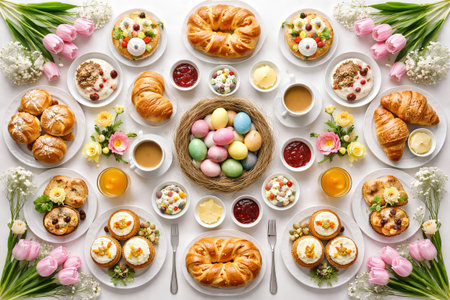 Festive easter brunch with colorful eggs, croissants, and spring flowers on a decorated table....