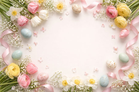 Colorful easter egg and flower arrangement on white background with delicate ribbons. concept of...