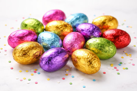 Colorful foil wrapped easter eggs with confetti on white background. concept of festive decoration,...