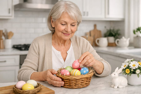 Senior woman arranging colorful decorated Easter eggs in a basket in her kitchen. Concept of Easter tradition and holiday preparation.の写真素材
