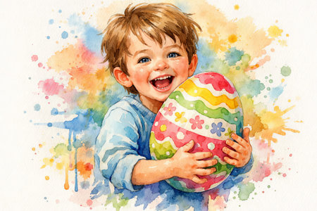 Joyful child holding a colorful easter egg in a vibrant watercolor painting. concept of holiday...