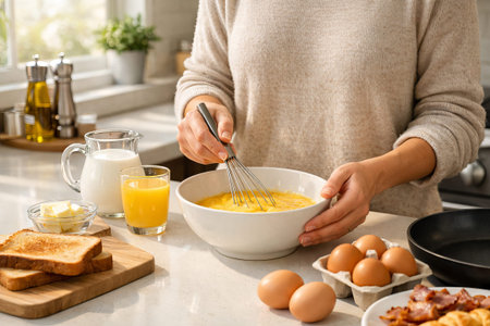 Woman whisking eggs in a bowl on a kitchen countertop while preparing breakfast. Home cooking concept for morning meal.の写真素材