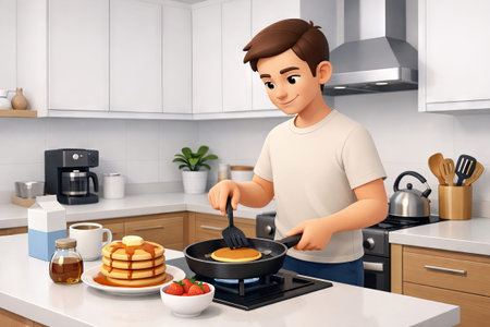 Young man cooking breakfast flipping pancake in frying pan on stove with kitchen background. Morning meal preparation.の写真素材