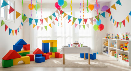 Child room ready for birthday party decoration with colorful bunting, balloons, cake, play blocks. Happy celebration concept for kid.の写真素材