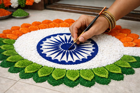 Woman making a beautiful rangoli design in the colors of the Indian flag for Republic Day...