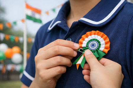 Child wearing Indian flag tricolor badge pinned on chest. Concept of patriotism and national pride...