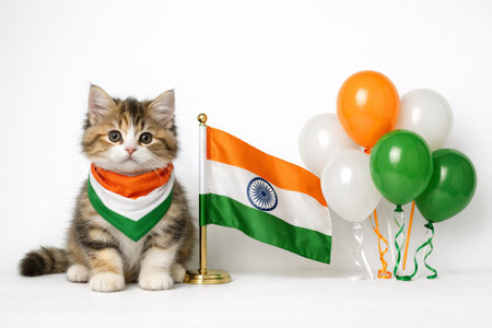 Adorable kitten in an orange, white, and green bandana sitting next to the India flag and balloons...