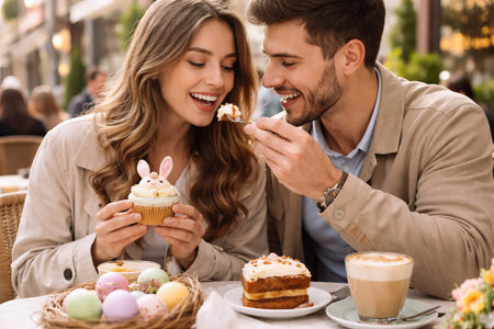 Happy couple enjoying easter treats at a cozy outdoor cafe with cupcakes, drinks, and colorful eggs. concept of celebration, festive desserts, delightful companionship.の写真素材