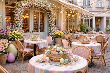 Charming outdoor cafe with easter decor featuring pastel floral arrangements and colorful eggs on...
