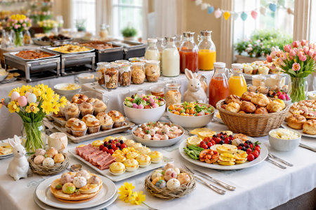 Easter brunch with diverse dishes, colorful eggs, and spring flowers on a beautifully decorated...