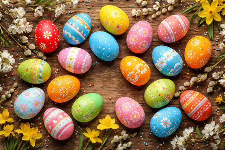 Colorful Easter eggs with spring flowers and willow branches on a rustic wood table for holiday...