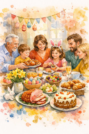 Multigenerational family celebrating Easter dinner together, an Easter watercolor painting with...