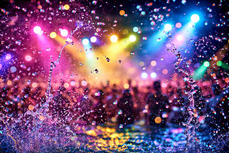 Vibrant water splashes with colorful bokeh lights and crowd silhouettes for Songkran festival...