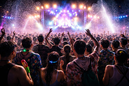 Songkran water festival with crowd at a vibrant music concert. Happy celebration with people...